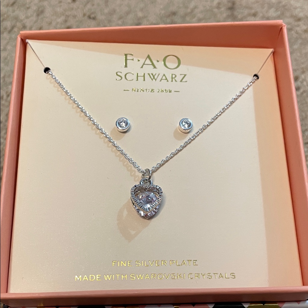 Fao Schwarz Silver Heart Necklace With Swarovski Crystals